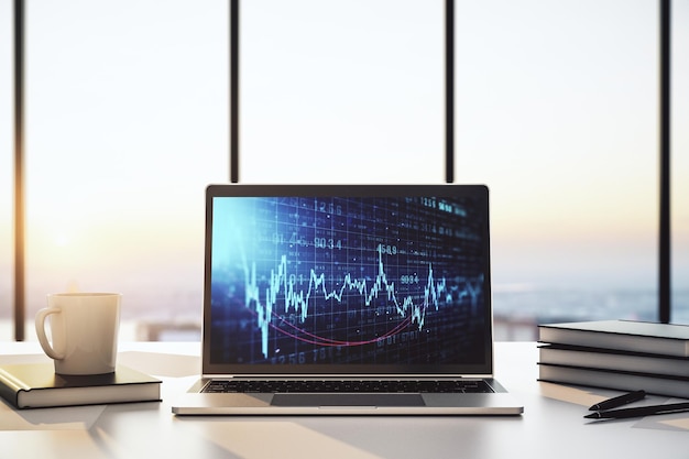Moderne computerdisplay met abstracte financiële grafiek financiële en handelsconcept 3D-rendering