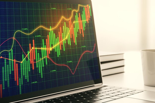 Moderne computerdisplay met abstracte financiële grafiek financiële en handelsconcept 3D-rendering