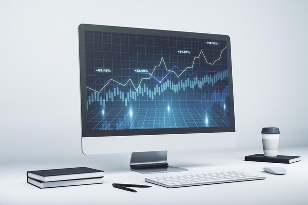 Moderne computermonitor met abstract creatief financieel grafiekonderzoek en strategieconcept 3D Rendering