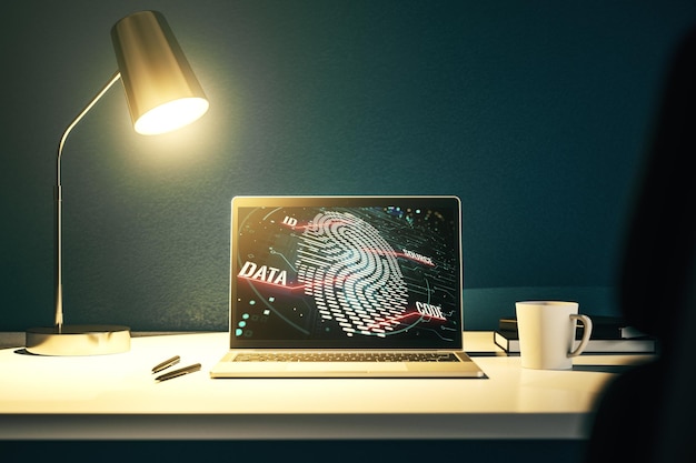 Moderne computermonitor met abstracte creatieve vingerafdruk hologram onderzoek en ontwikkeling concept 3D-rendering