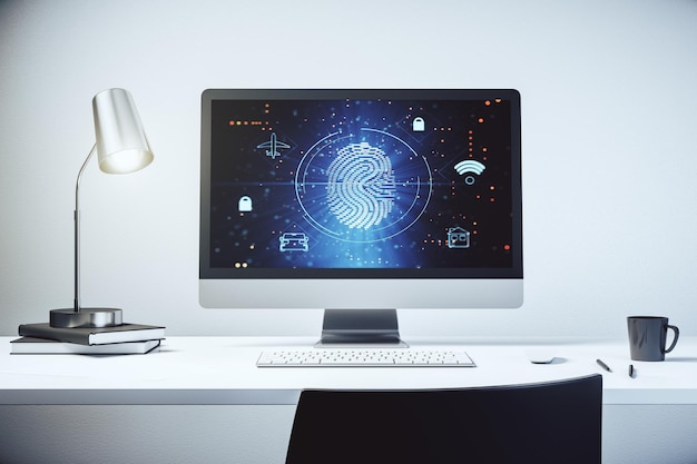 Moderne computermonitor met abstracte creatieve vingerafdruk hologram onderzoeks- en ontwikkelingsconcept 3D-rendering