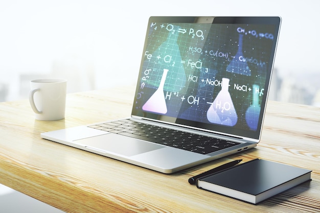 Moderne computermonitor met creatief chemisch concept onderzoek en ontwikkeling concept 3D-rendering