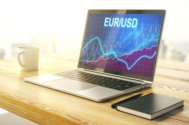 Moderne computermonitor met creatief EURO USD forex-grafiekhologram Bank- en investeringsconcept 3D-rendering