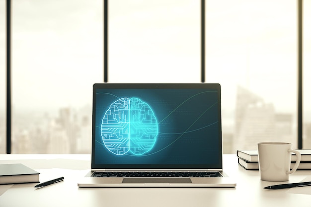 Moderne computermonitor met creatief kunstmatige intelligentie symbool Neuronale netwerken en machine learning concept 3D-rendering