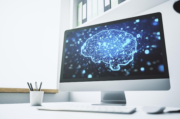 Moderne computermonitor met creatief kunstmatige intelligentiesymbool Neurale netwerken en machine learning concept 3D Rendering