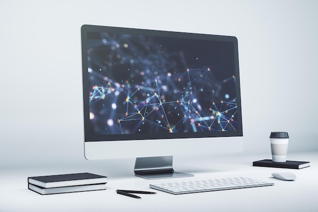 Moderne computermonitor met desktoptechnologie Onderzoek en ontwikkeling softwareconcept 3D-rendering