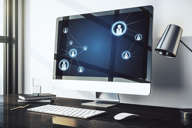 Moderne computermonitor met sociaal netwerk iconen concept Marketing en promotie concept 3D Rendering