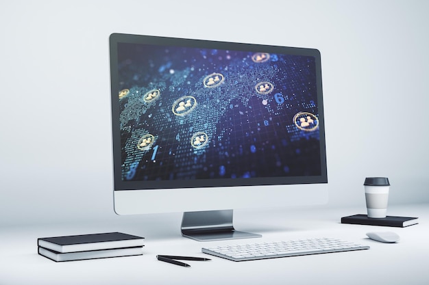 Moderne computermonitor met sociaal netwerk iconen concept met wereldkaart Marketing en promotie concept 3D Rendering