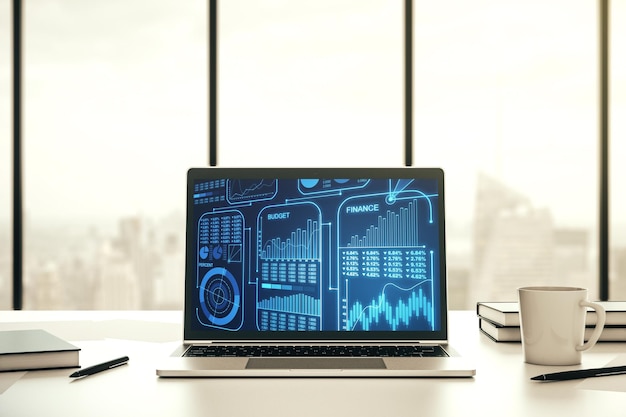 Moderne computerscherm met creatieve statistieken gegevens hologram statistieken en analytics concept 3D Rendering