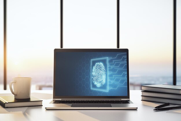 Moderne computerscherm met creatieve vingerafdruk hologram persoonlijke biometrische gegevens concept 3D-rendering