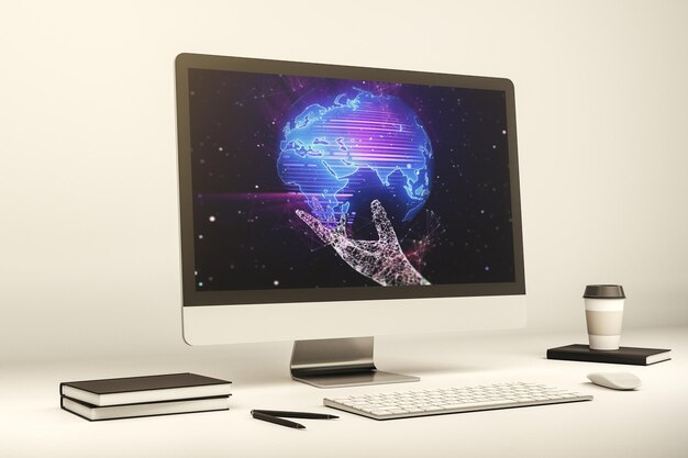 Moderne computerweergave met abstracte grafische wereldkaart big data en netwerkconcept 3D-rendering