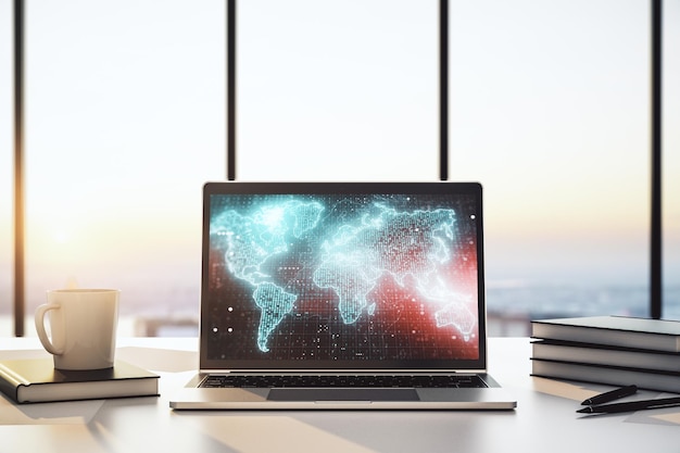 Moderne computerweergave met abstracte grafische wereldkaart big data en netwerkconcept 3D-rendering