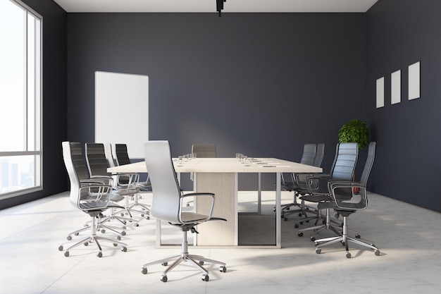 Moderne conferentieruimte in ecostijl met zwarte muren, zwarte stoelen, houten tafel, groot raam en lege witte poster op de hoek Mockup 3D-rendering