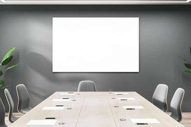 Moderne conferentieruimte interieur met lege witte mock up banner meubels en planten 3D Rendering