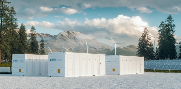 Moderne container batterij energieopslag elektriciteitscentrale systeem vergezeld van zonnepanelen en windturbine systeem gelegen in de natuur met Mount St. Helens op de achtergrond. 3D-rendering.