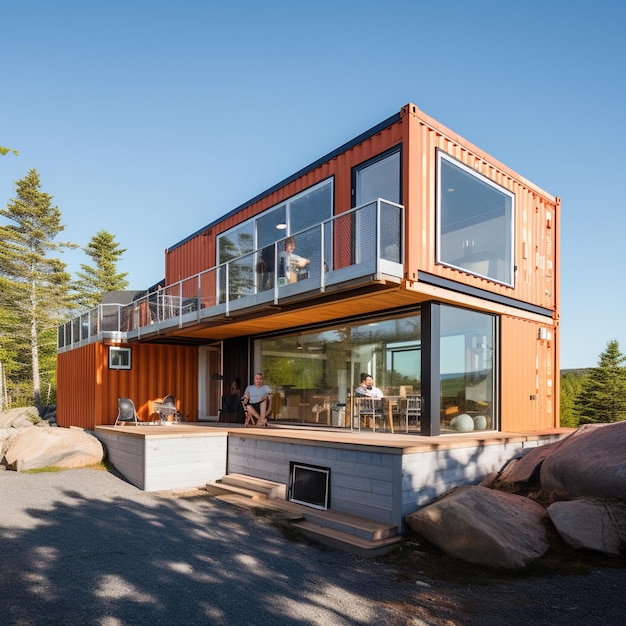 Moderne containerwoning met twee verdiepingen met grote ramen en een dek