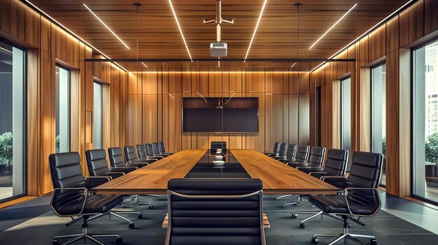 Moderne Corporate Boardroom interieur met elegante meubels en uitzicht op de stad Perfect voor zakelijke bijeenkomsten en presentaties AI