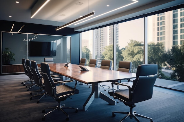 Moderne corporate vergaderzaal vastgelegd in een hoogwaardige foto met een leeg interieur met gepolijste oppervlakken ergonomische stoelen en een grote vergadertafel