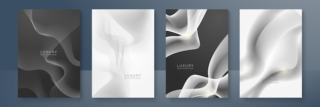 Moderne cover ontwerpset Gouden abstracte lijnpatroon golfkrommen in premium kleuren zwart en goud Luxe golvende streep vector lay-out voor zakelijke achtergrond certificaat brochure sjabloon