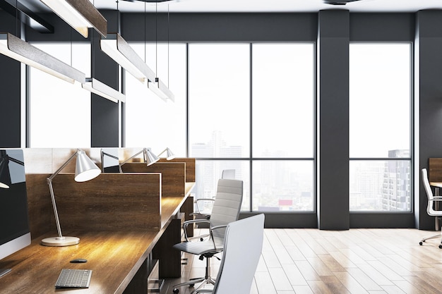 Moderne coworking kantoorruimte met grote ramen en uitzicht op de stad 3D-rendering