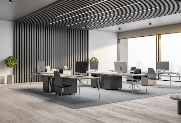 Moderne coworking kantoorruimte met tafels en stoelen computers en uitzicht op de stad Werkplek en bedrijfsconcept 3D Rendering