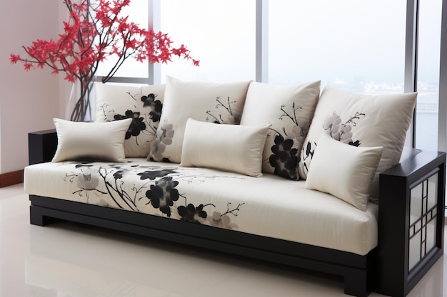 Moderne crème futon met zachte armleuningen en Japanse invloed