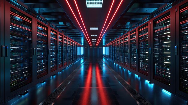 Moderne dataserverrekken op de technische achtergrond van de donkere kamer