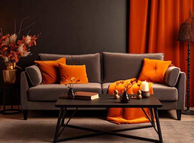 Moderne decoratieve donkergrijze stenen muur achtergrond met oranje sofa interieur stilleven ai gegenereerd