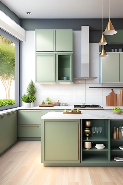 Moderne design keuken met saliegroene kast, marmeren aanrechtkast, vierkante witte tegels
