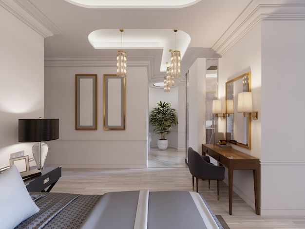 Moderne designsuite met elegant meubilair en een open badkamer en slaapkamer. 3D-weergave.