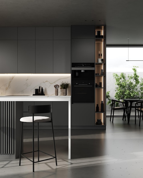 Moderne donkergrijze keuken interieur 3D-rendering