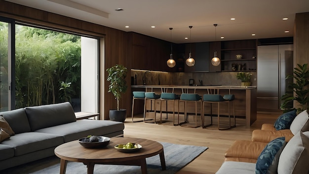 Moderne duplex huis met zitten op balkon lounge open keuken diner interieurontwerp