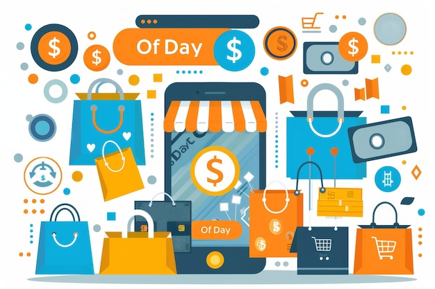 Moderne e-commerce winkelconcept met digitale winkeltassen en munten voor smartphones