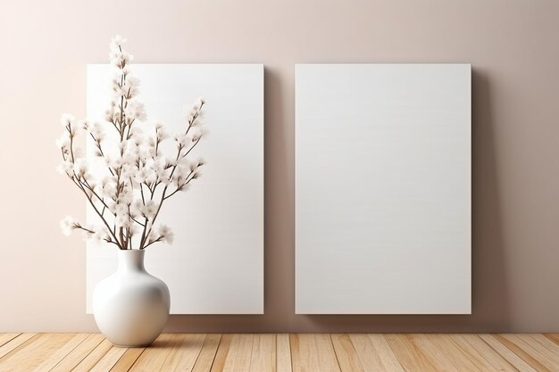 Moderne eenvoud Leeg doek frame met bloeiende vazen