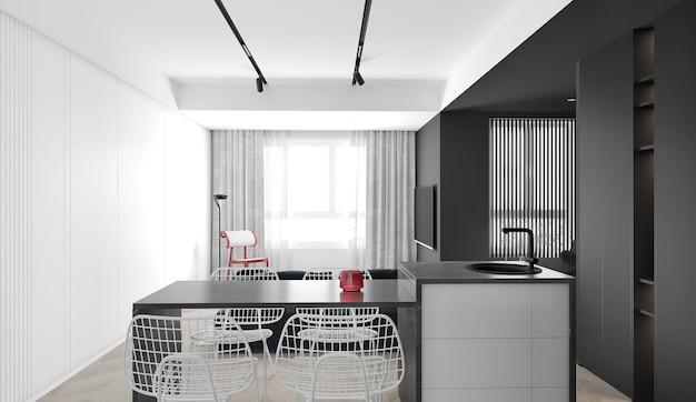 Moderne eetkamer en keuken interieur met eettafel en stoelen. 3D illustratie