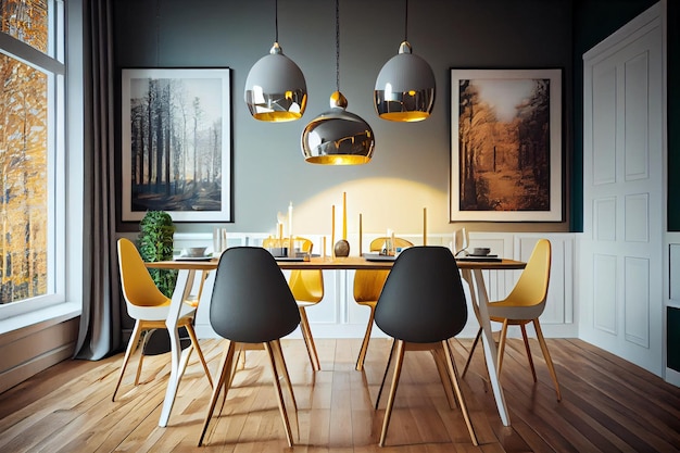 Moderne eetkamer met hangende lampen