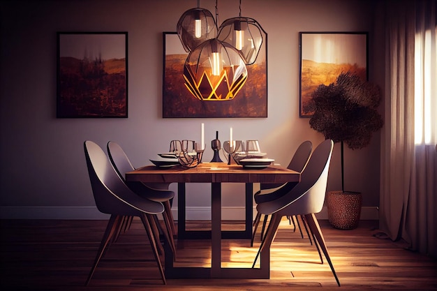 Moderne eetkamer met hangende lampen