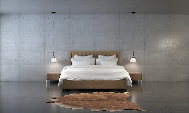 Moderne eigentijdse stijl slaapkamer 3d render Er zijn houten vloer versierd met bed van witte stof en betonnen muur textuur achtergrond