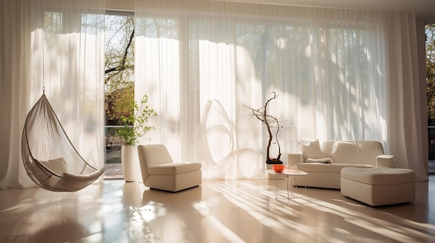 Moderne elegante luxe hoog plafond woonkamer met gordijnen