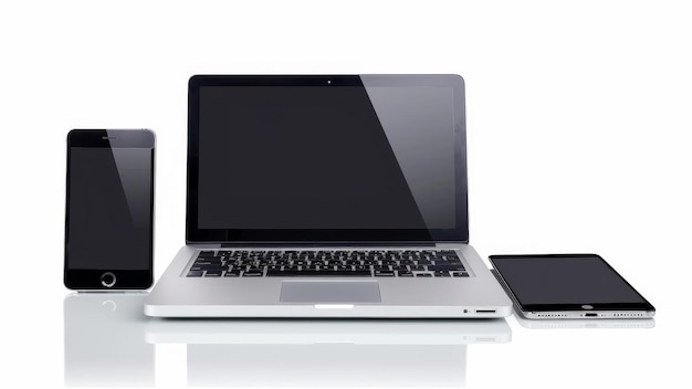 Moderne elektronica op wit oppervlak met laptop, smartphone en tablet