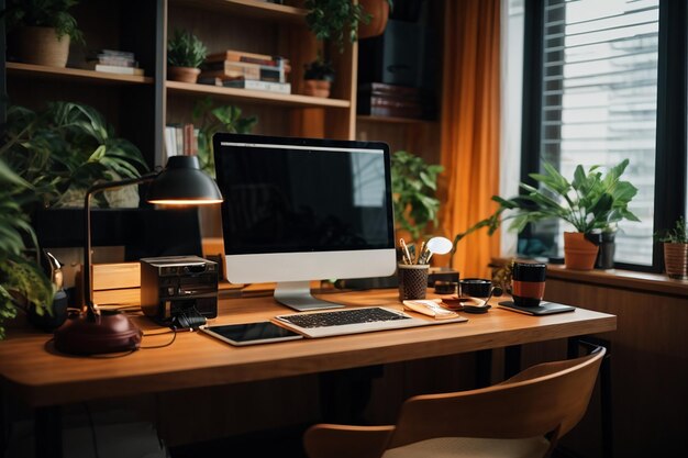 moderne en comfortabele werkplek thuis, er staan computer en laptop op tafel