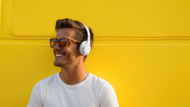 Moderne en coole Amerikaanse man die muziek luistert op een koptelefoon met smiley en gelukkige houding