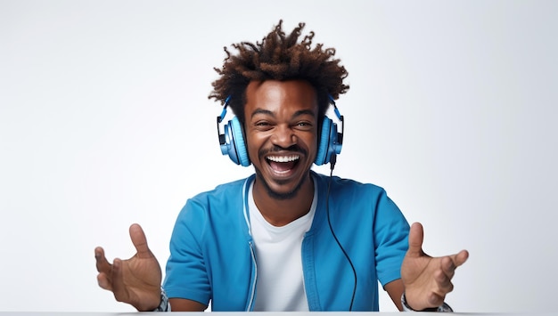 Moderne en coole Amerikaanse man die muziek luistert op een koptelefoon met smiley en gelukkige houding