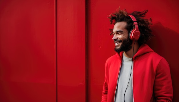 Moderne en coole Amerikaanse man die muziek luistert op een koptelefoon met smiley en gelukkige houding