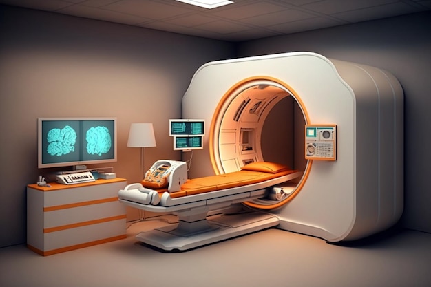 Moderne en functionerende medische screeningstechnologie in de kamer met MRI-apparatuur generatieve ai