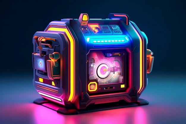 Moderne en futuristische neon digitale gamingkist in Cartoon Pixar 3D Blender Style AI Generative