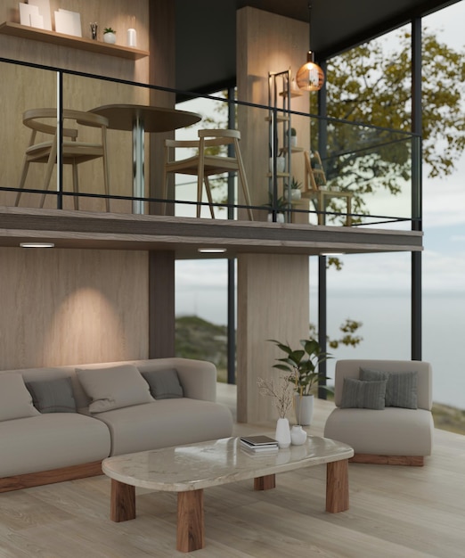 Moderne en luxe lounge met mezzanine-interieur met een gezellige bank, een salontafel en decor