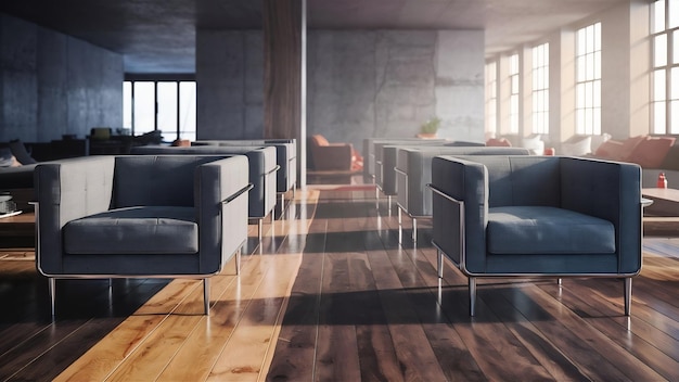 Moderne en minimalistische interieur van woonkamer interieur grijze fauteuil op houten vloer en betonnen wa