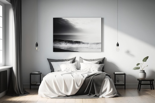 moderne en minimalistische slaapkamer, met een zacht zwart kleurenpalet en natuurlijk licht. Generatieve AI