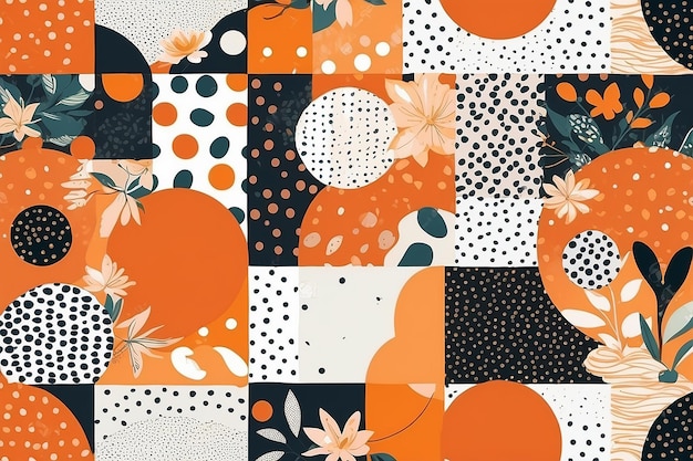 Moderne exotische oranje bloemenpolka dot collagepatronen voor papierstof en interieurdecoratie
